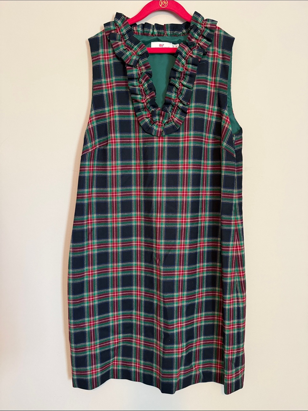 Vineyard Vines Green and Red Plaid Ruffle V‑Neck Shift Dress